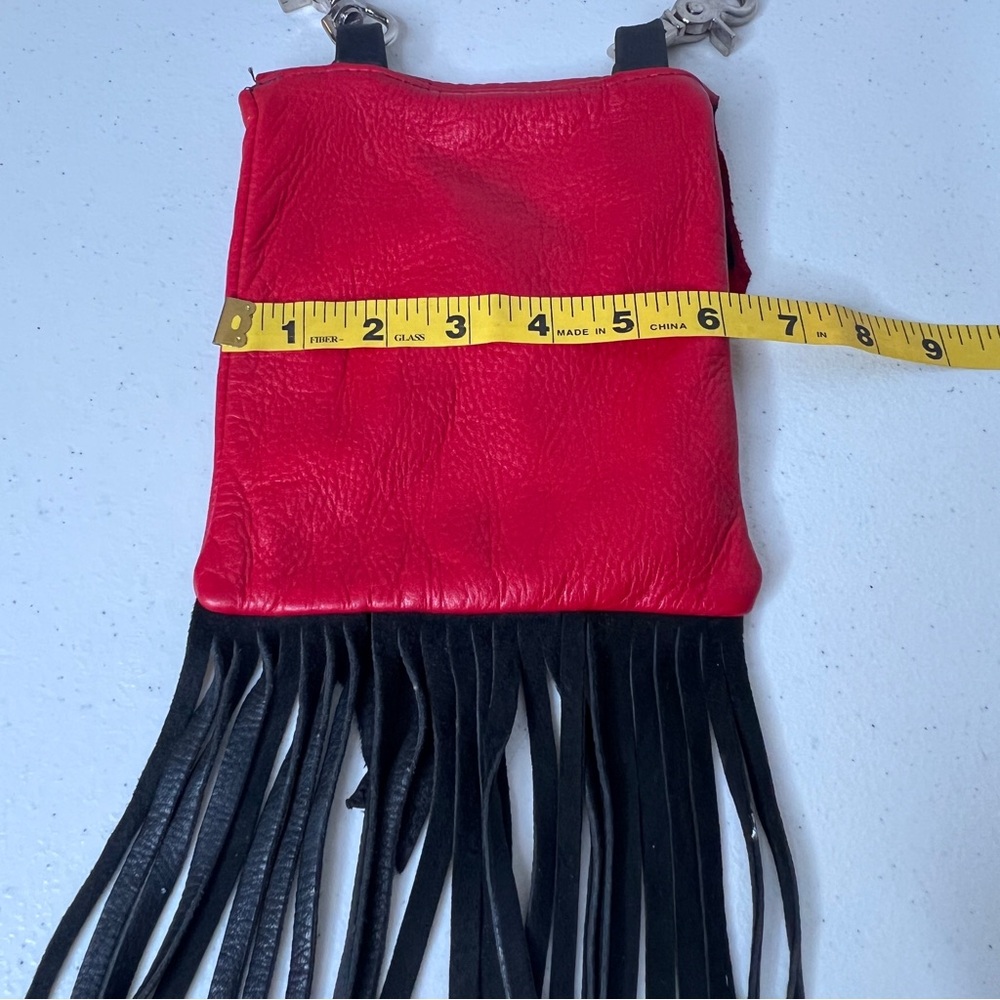 Red Black Raw EdgeLeather W/Fringe Hip Clip On Belt Bag Cell Phone Biker Chic - Picture 8 of 12